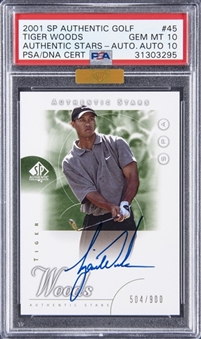 2001 SP Authentic Golf "Authentic Stars Auto." #45 Tiger Woods Signed Rookie Card (#504/900) - PSA GEM MT 10, PSA/DNA 10 - MBA Gold Diamond Certified 